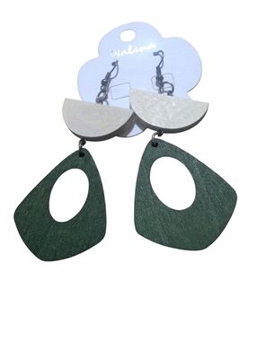 Walins Wooden Geometric Dangle Earrings Green White Boho Minimalist Statement